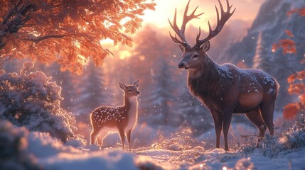 Poster - A majestic deer and its fawn stand in a snowy forest at sunset.