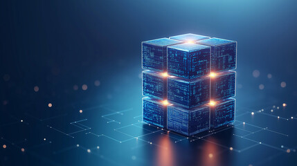 Wall Mural - blockchain technology cube: futuristic digital cube composed of interconnected blocks, glowing with 