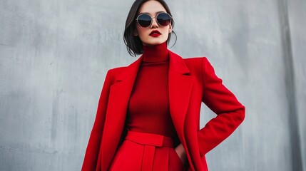 Wall Mural - A stylish woman rocks a fiery red look, including a coat, pants, turtleneck, and shades, making a bold fashion statement.