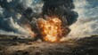 © Seyyar - A dramatic explosion on a barren battlefield, showcasing billowing smoke and flying debris amidst the chaotic aftermath of conflict, highlighting the intense devastation caused.