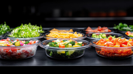 Fresh vegetables and colorful ingredients arranged in transparent bowls, showcasing modern vegetarian restaurant vibrant salad bar