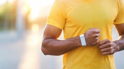 biometric sensor patch concept, a man in a yellow shirt checks his fitness watch while exercising ou