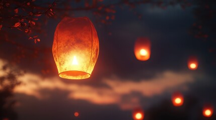 Sticker - Serene Floating Lantern Illuminating Soft Glow Isolated on Black Background