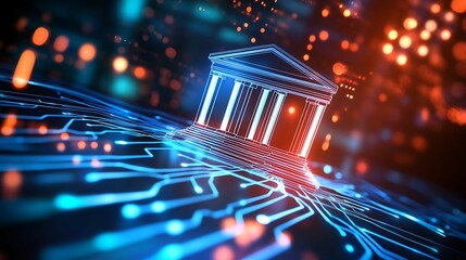Wall Mural - artificial intelligence, ai in law digital brain. a digital representation of a bank building on a c