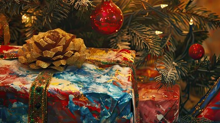 Wall Mural - A close-up of a large, colorful Christmas gift under the tree.