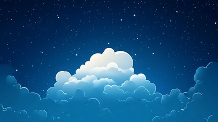 Aufkleber - Under a dark blue night sky, fluffy clouds float gently while twinkling stars shine brightly. The moon's soft glow highlights the clouds, creating a tranquil and calming atmosphere.