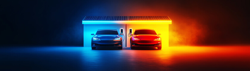 Wall Mural - Two modern cars in stylish garage vibrant blue and orange lights, automotive elegance.