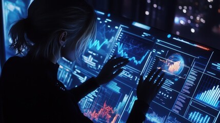 Wall Mural - a woman is looking at a computer screen with a lot of numbers and graphs