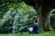 © taweesak - Woman sitting with her journal under a large, ancient tree in a peaceful forest, grounding herself in nature, with earthy, calming colors