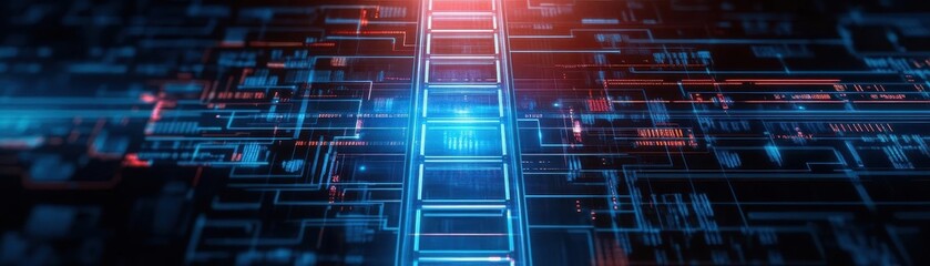 Poster - Virtual ladder ascending to holographic exit, dark tech background
