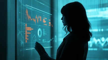 Aufkleber - A woman stands in profile, engaged in data analysis on a luminous digital display. The workspace features a dark ambiance with glowing graphs and metrics illuminating her face.