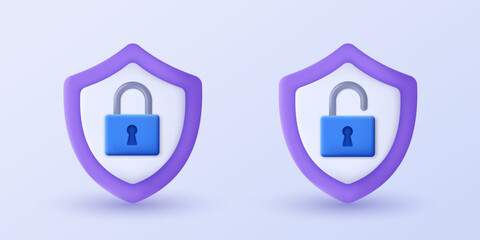 Leinwandbilder - 3D Shield with padlock lock and unlock icon. 3D design of Cyber security, data protection and privacy technology concept. 3D object on isolated background. Vector illustration.