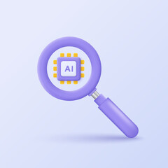 Fototapete - 3D AI-search icon. A magnifying glass with AI chip processor.  3D design of Searching or finding and analysis by Machine learning. Artificial intelligence technology.  Vector illustration.