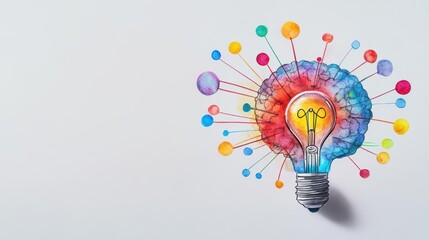 Poster - Brain connected to a light bulb by watercolor beams, symbolizing knowledge transfer