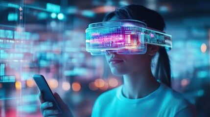 Poster - A user wearing augmented reality glasses synced with a smartphone, holographic visuals, modern setting, neon color palette, 3D style