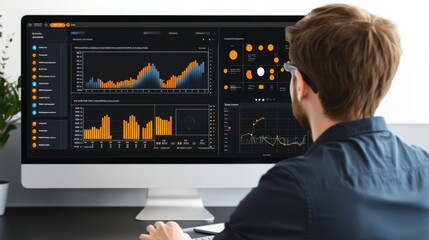 Aufkleber - A person is focused on analyzing detailed data visualizations on a large computer screen in a stylish office. The display features various graphs and charts, showcasing important metrics.