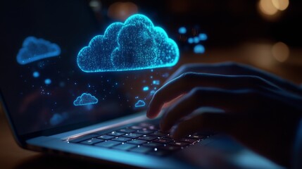 Leinwandbilder - A person interacts with a laptop displaying vibrant cloud graphics, symbolizing cloud computing. The setting is dimly lit, enhancing the glowing effect of the digital clouds during the evening.
