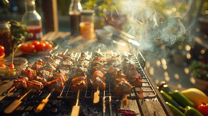 Wall Mural - The chef seasons kebab with spices. Grilling skewers in a sunny outdoor setting