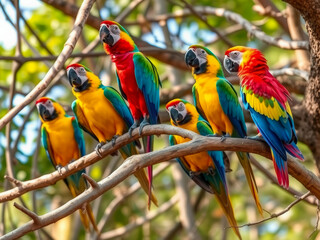 Poster - A group of colorful parrots are perched on a tree branch. The birds are of different colors, including red, yellow, and green. The scene is lively and vibrant