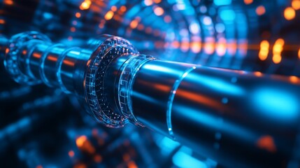 Leinwandbilder - Close-up of a metallic pipe, shiny and reflecting blue light. In the background, blurry orange lights create a sense of depth and movement.