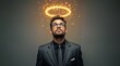 © NoblePix - A confident young man in a stylish suit and glasses looks at the camera with a bright halo above his head. Conceptual image of male narcissist and trust.