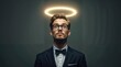 © NoblePix - A confident young man in a stylish suit and glasses looks at the camera with a bright halo above his head. Conceptual image of male narcissist and trust.