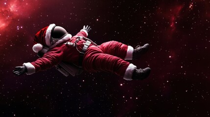 whimsical astronaut in vibrant red santsuit floats through cosmic scene of swirling galaxies, vibran