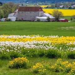 Wall Mural - an establishing shot of a dandelion field in the middle of a rural landscape, with a rustic barn or farmhouse in the background. Include a wide view that captures the dandelion field's extent and its 