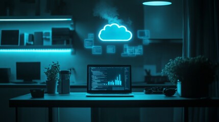 Poster - A laptop with a screen displaying a graph is on a desk in a dimly lit room with blue light emanating from a light strip, a lamp, and a glowing cloud icon with other data symbols behind the computer.