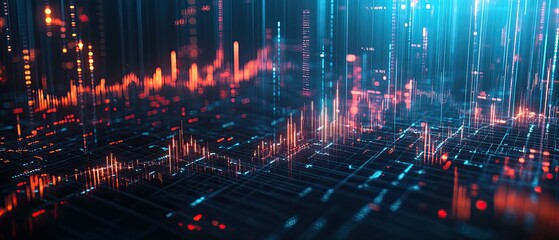Wall Mural - Abstract digital data flow visualization with glowing lines and grid.