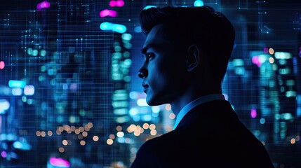 Man in suit, profile view, futuristic city backdrop.