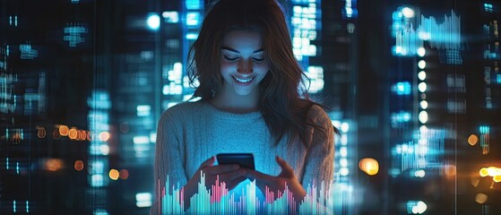 Wall Mural - Woman uses phone, glowing data streams around her.