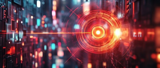 Wall Mural - Futuristic digital interface with glowing red circles and data streams.