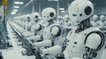 Leinwandbilder - A row of advanced, humanoid robots is busily assembling products on an automated assembly line. The factory is well-lit, showcasing the precision and efficiency of robotic manufacturing.