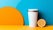 © Quality One   - white coffee cup with black lid stands next to half orange on vibrant blue and orange background, creating modern and fresh composition