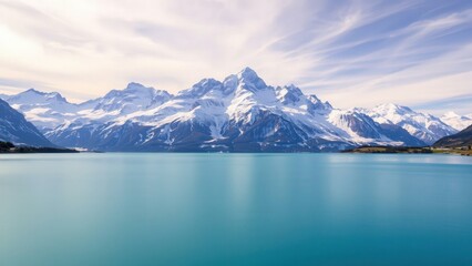  Serene Snow-Capped Mountain Reflection in Turquoise Lake at Dawn, Perfect for Wall Art or Desktop Background