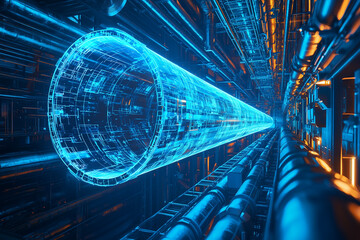 A futuristic floating holographic pipeline designed for capturing carbon emissions, showcasing intricate digital patterns and glowing blue light. This innovative technology represents significant step