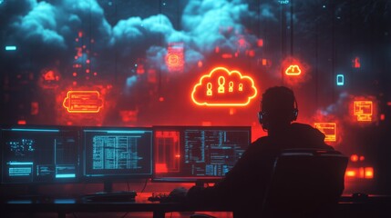 Leinwandbilder - In a dimly lit space, a person focuses on several computer screens displaying code and digital icons.