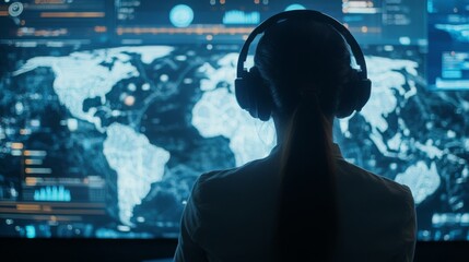 Aufkleber - The silhouette of a person wearing headphones is seen looking at a large computer screen. The screen shows a world map, with blue and white lines representing data.