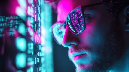 Poster - a young man stands closely to a screen filled with digital data. his glasses reflect vibrant neon co