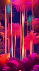 Wall Mural - colorful tropical neon forest with gold glitter 4k vertical
