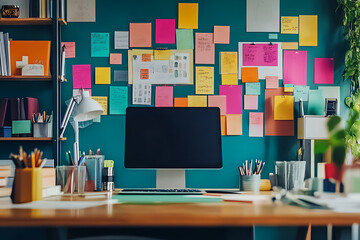 Wall Mural - Creative Workspace: A Colorful and Organized Home Office Setup for Productivity