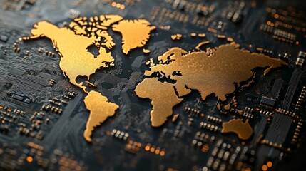 Wall Mural - global connectivity in technology, close-up view of a semiconductor chip reflecting a world map, sym