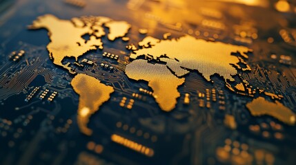 Wall Mural - semiconductor chip reflecting global connectivity, a close-up view of a microchip featuring a world 