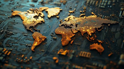 Wall Mural - global connectivity in technology, close-up of a semiconductor chip reflecting a world map, symboliz
