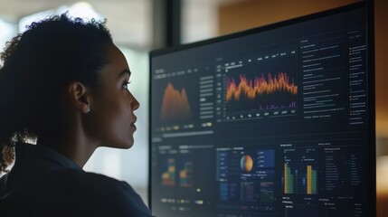 Poster - A focused woman examines complex data visualizations displayed on a large monitor in a contemporary office. She reviews graphs and statistics, highlighting her analytical skills during work hours.