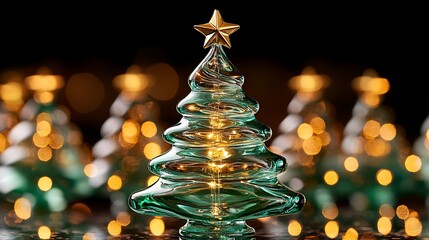 Wall Mural - Festive glass Christmas tree figurine adorned with a gold star surrounded by glowing bokeh lights