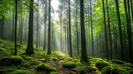 Misty Forest with Moss-Covered Rocks