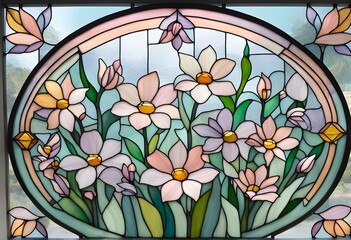 Wall Mural - A spring themed stained glass with blooming flowers and pastel shades, AI Generated
