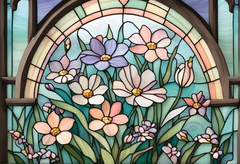 Wall Mural - A spring themed stained glass with blooming flowers and pastel shades, AI Generated